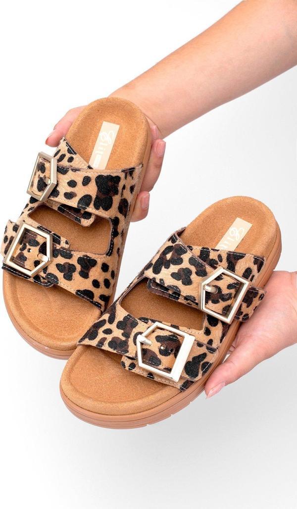 Ayakkabı Fuarı Elit Amoretta Kadın Hakiki Deri Düz Terlik Leopar - Image 1