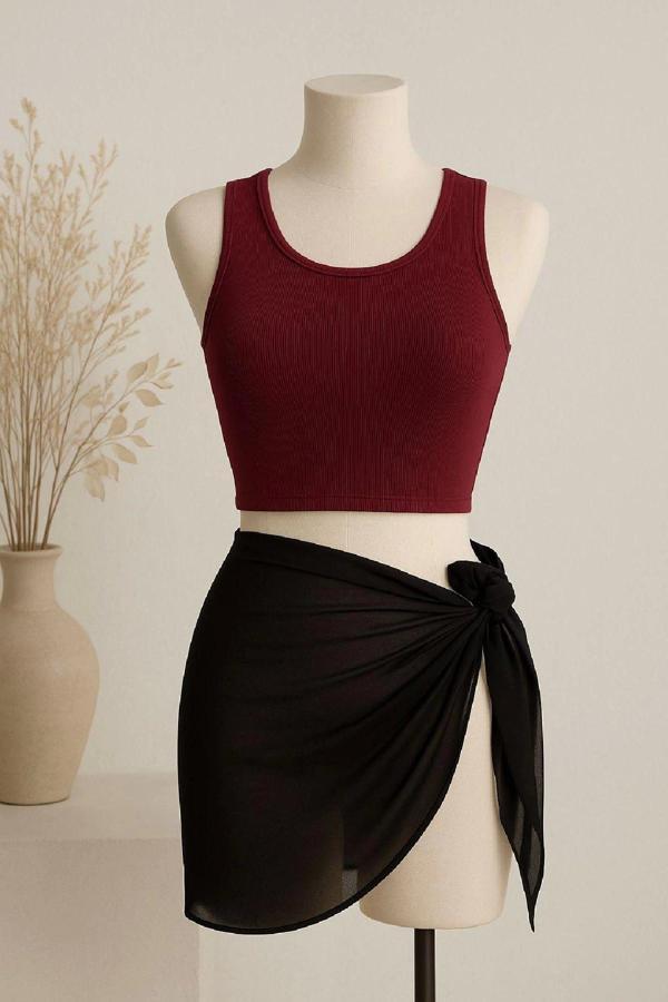 Kadın Bordo Yuvarlak Yaka Crop ve Siyah Pareo 2'li Set - Image 1