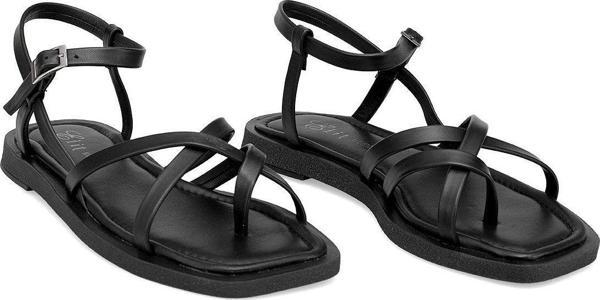 Ayakkabı Fuarı Elit Raveena Kadın Hakiki Deri Ortopedik Düz Sandalet Siyah - Image 1