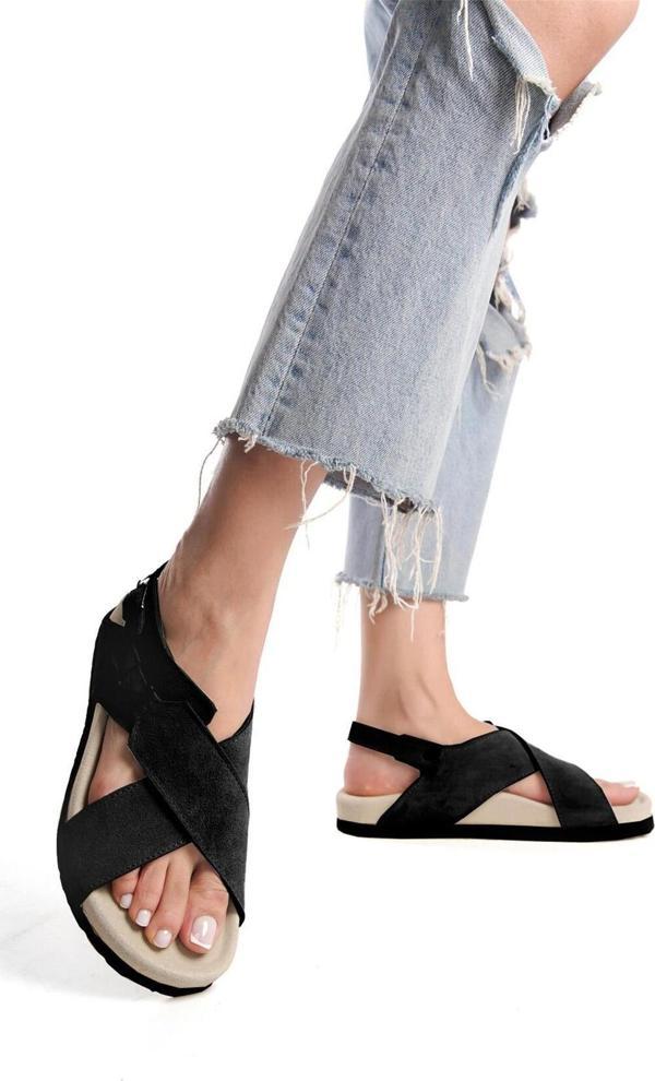 Ayakkabı Fuarı Zeyn 7541C Kadın Hakiki Deri Düz Sandalet Siyah - Image 1