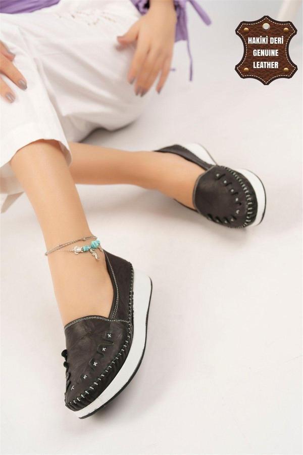 Ayakkabı Fuarı Elit Mn84C Kadın Hakiki Deri Espadril Siyah - Image 1
