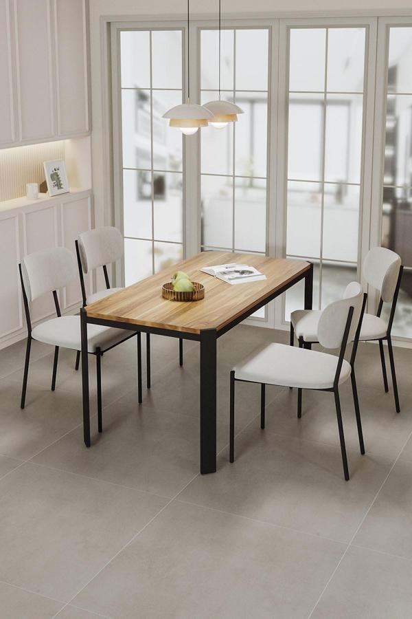 Nexa Siyah Metal Ayaklı 70x120 Sabit Masa Yemek Odası Takımı, Mutfak Takımı 4 Adet Sandalye - Image 1