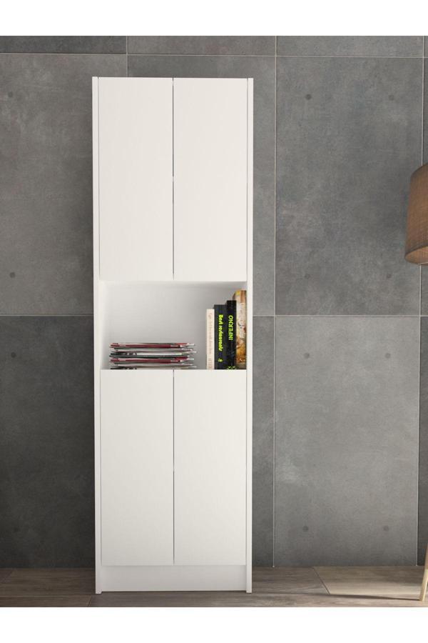 Yeti Mobilya Flat56 Kitaplık 4 Kapaklı Kütüphane Çok Amaçlı Dolap Beyaz - Image 1