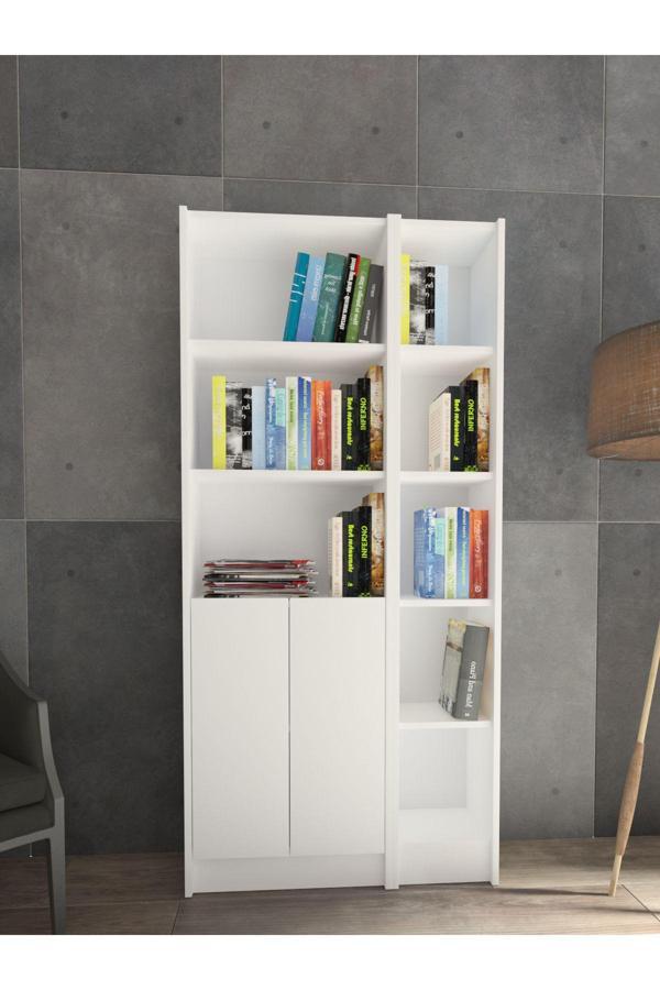 Yeti Mobilya Flat85 Kitaplık 2 Kapaklı Kütüphane Çok Amaçlı Dolap Beyaz - Image 1