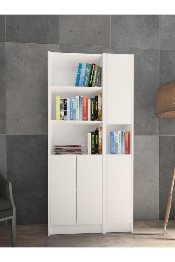 Yeti Mobilya Flat85 Kitaplık 4 Kapaklı Kütüphane Çok Amaçlı Dolap Beyaz - Image 1