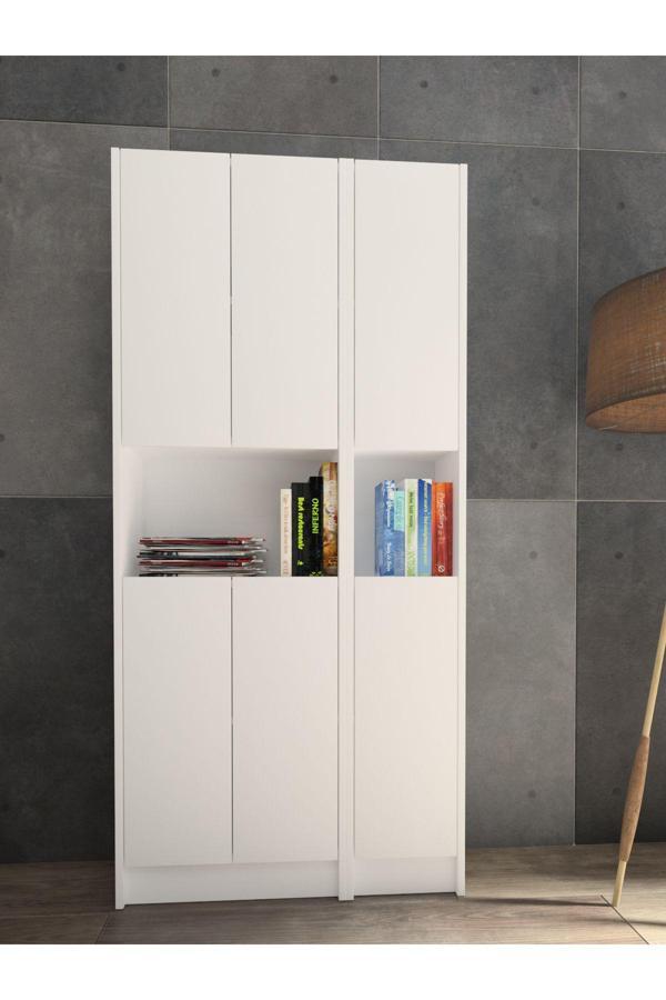 Yeti Mobilya Flat85 Kitaplık 6 Kapaklı Kütüphane Çok Amaçlı Dolap Beyaz - Image 1
