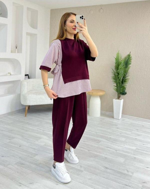 Kadın Kristal 2 Iplik Kumaş Yanları çizgili Takım - Image 1