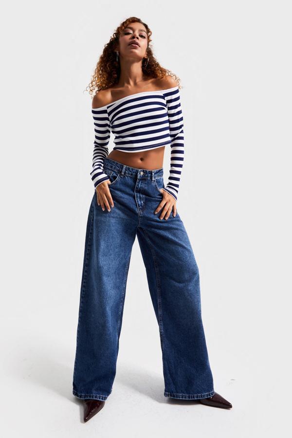 Kadın Koyu Mavi Renk 2w5-5 Süper Baggy Fit Bol Kesim Orta Bel %100 Koton Denim Jean - Image 1