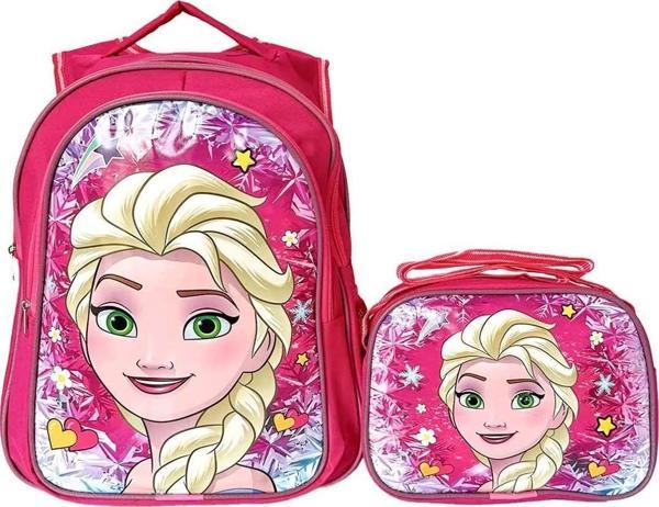 Kız Çocuk Full Pembe Tek Elsa Figürlü ilkokul Anaokulu Beslenme Ve Okul Çantası Seti - Image 1