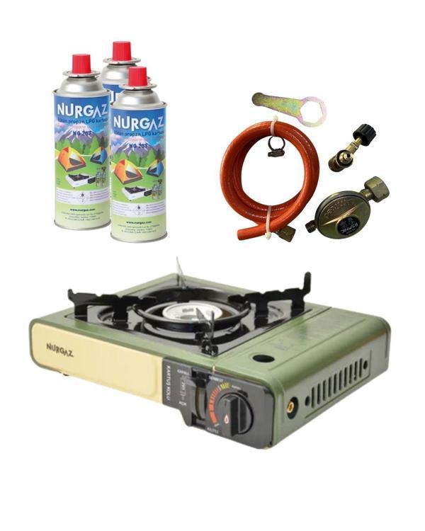 Tekli Portatif Ocak Tüp Girişli Haki+Dedantör Set+220Gr 3 Adet - Image 1