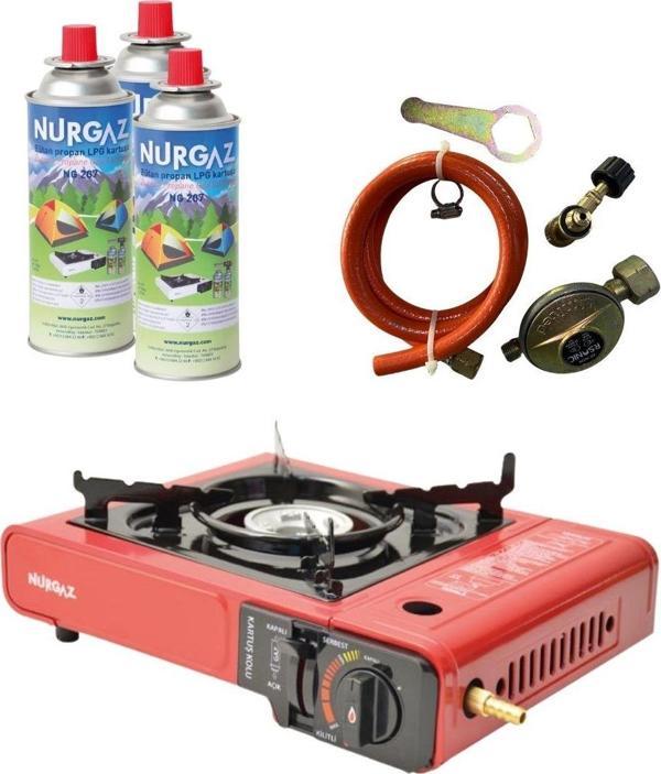 Tekli Portatif Ocak Tüp Girişli Kırmızı+Dedantör Set+220Gr 3 Adet - Image 1