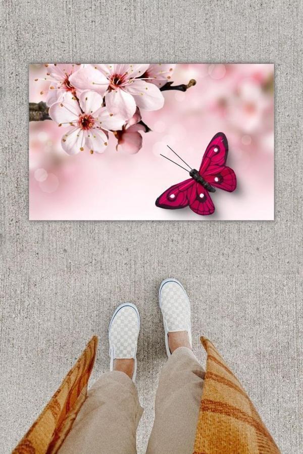 Dijital Baskı Dekoratif Kelebek Pembe Kapı Önü Paspası K-1232 - Image 1