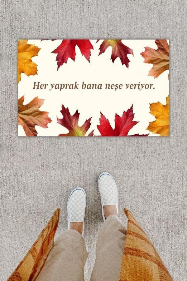 Dijital Baskı Dekoratif Kuru Yaprak Bej Kapı Önü Paspası K-1203 - Image 1