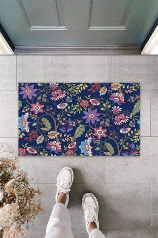 Dijital Çoklu Çiçekler Lacivert Kapı Paspası Dış Mekan Paspas K-3066 - Image 1