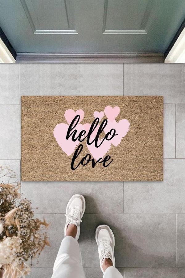 Pembe Kapı Önü Paspası Hello Love Desen  K-3291 - Image 1
