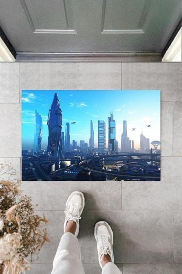 Dijital Gelecek Dünya Şehir Mavi Kapı Paspası Dış Mekan Paspas K-2116 - Image 1
