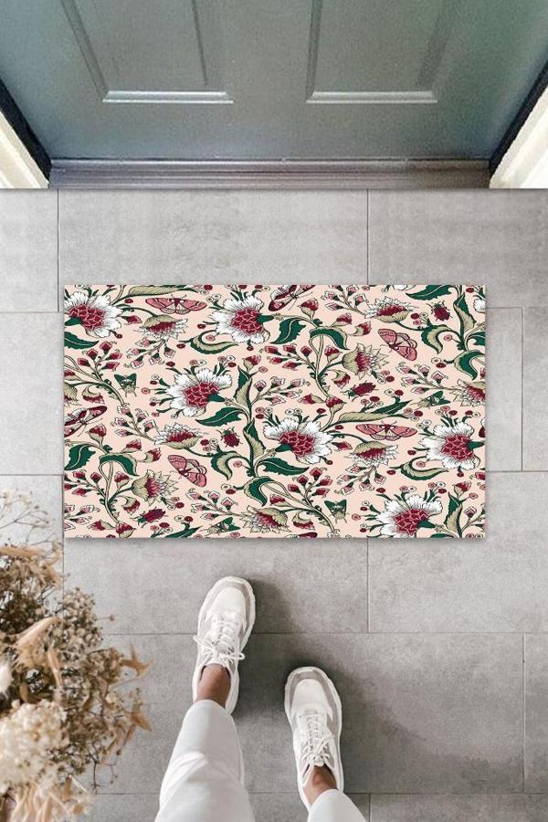 Dekoratif Dijital Baskı Pembe-Yeşil Çiçek Dış Mekan Paspas K-3044 - Image 1