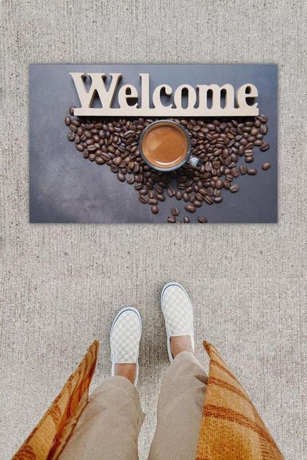 Dijital Baskı Dekoratif Welcome Koyu Gri Kapı Önü Paspası K-1251 - Image 1