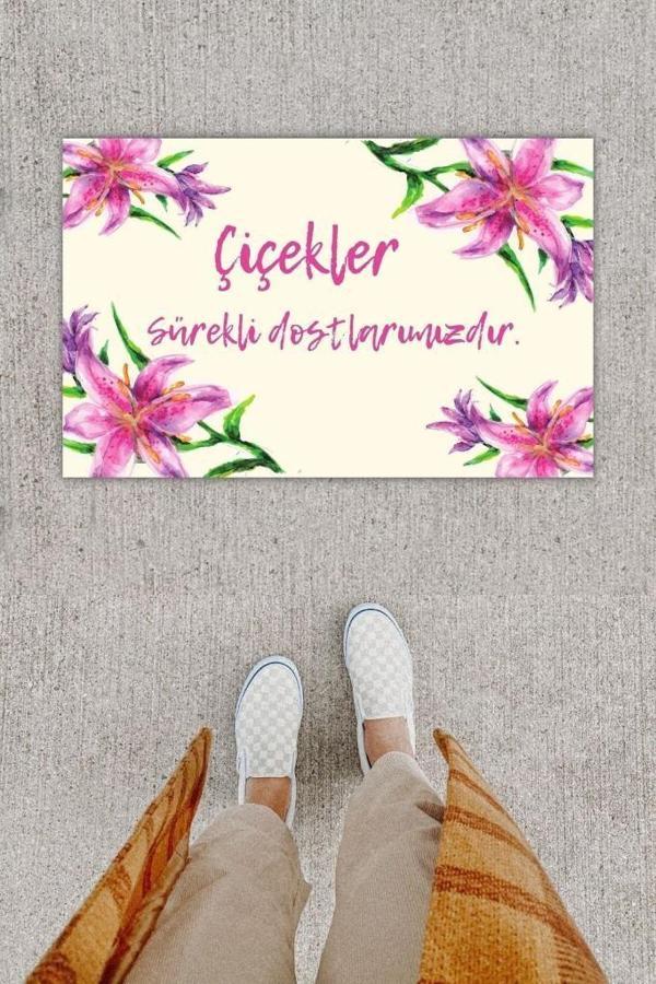 Dijital Baskı Dekoratif Zambak Pembe Kapı Önü Paspası K-1204 - Image 1