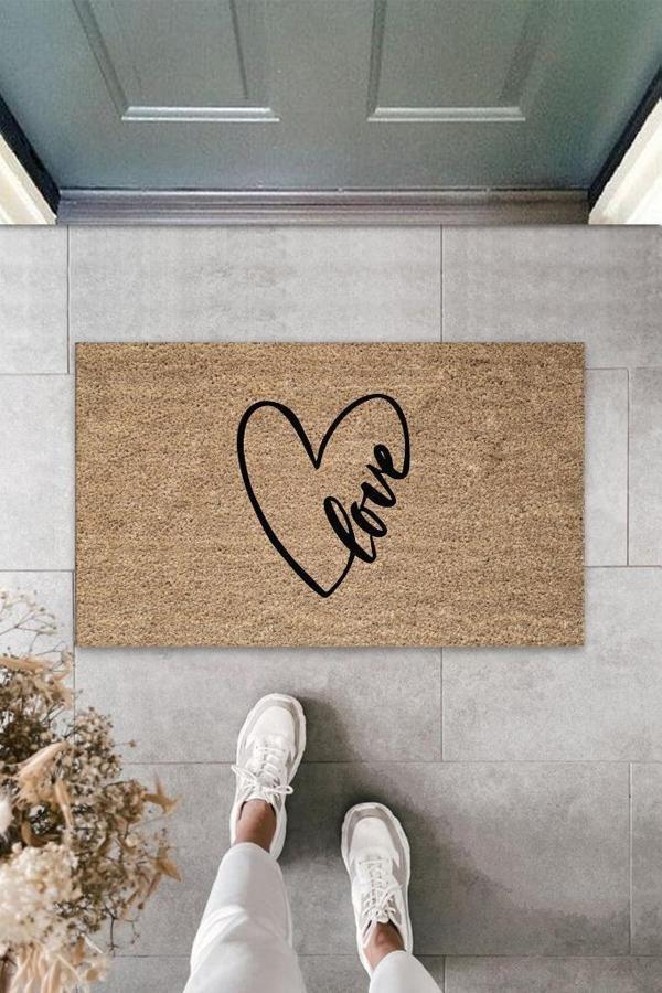 Siyah Kapı Önü Paspası Kalp Love Desen  K-3302 - Image 1