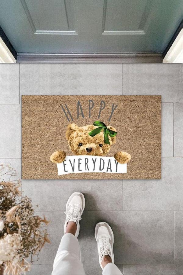 Kahverengi Kapı Önü Paspası Happy Everday Ayıcık Desen  K-3237 - Image 1