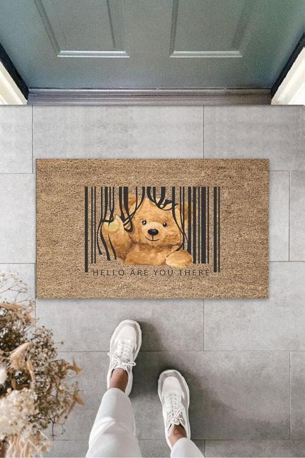 Kahverengi Kapı Önü Paspası Hello Are You There Ayıcık Desen  K-3283 - Image 1