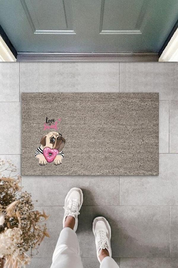 Dijital Baskı Gri Love Sweet Pembe Şekerlemeli Bulldog Köpek Dekoratif Kapı Paspası K-2077 - Image 1