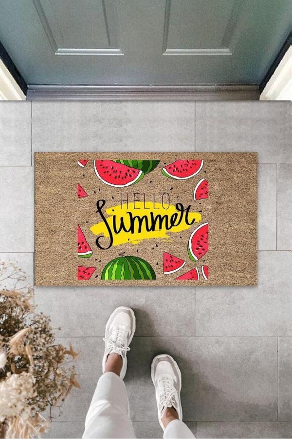 Kahverengi Kapı Önü Paspası Hello Summer Karpuz Dilimleri Desen  K-3267 - Image 1