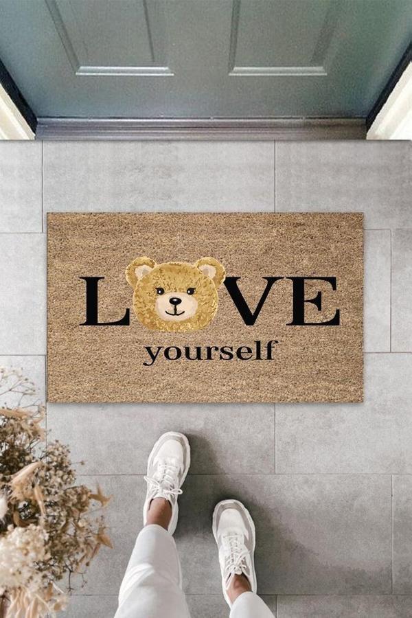 Kahverengi Kapı Önü Paspası Love Yourself Ayıcık Desen  K-3329 - Image 1