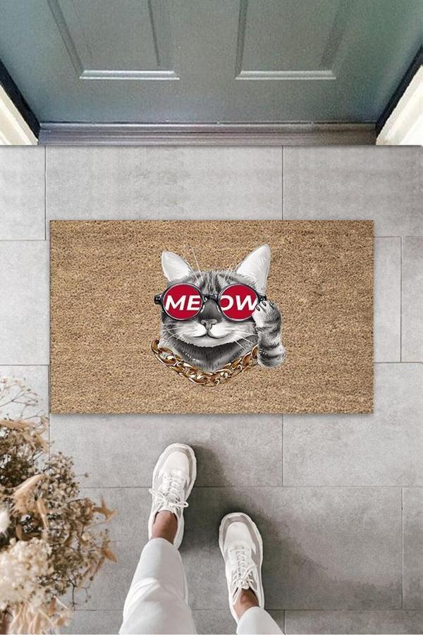 Dijital Baskı Kahverengi Gözlüklü Kedi Kapı Paspası K-3158 - Image 1