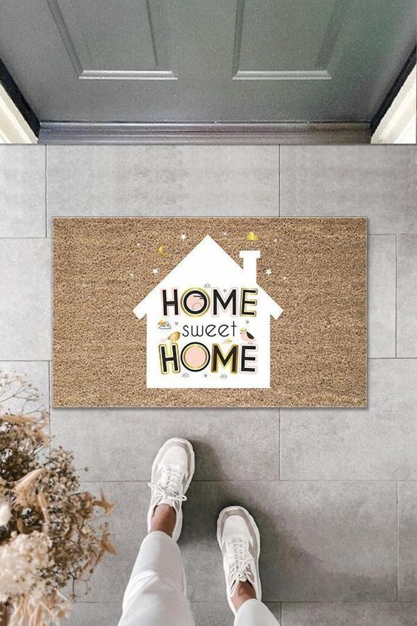 Dijital Baskı Kahverengi Home Sweet Home Yazılı Beyaz Ev Dekoratif Kapı Paspası K-2006 - Image 1