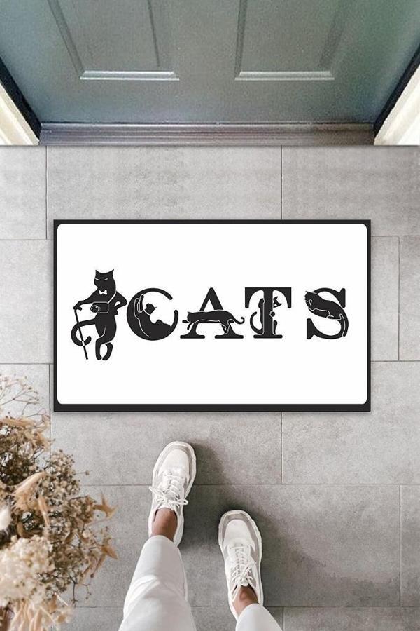 Dijital Baskı Beyaz Kedilerle Bezenmiş Cats Yazılı Dekoratif Kapı Paspası K-2028 - Image 1