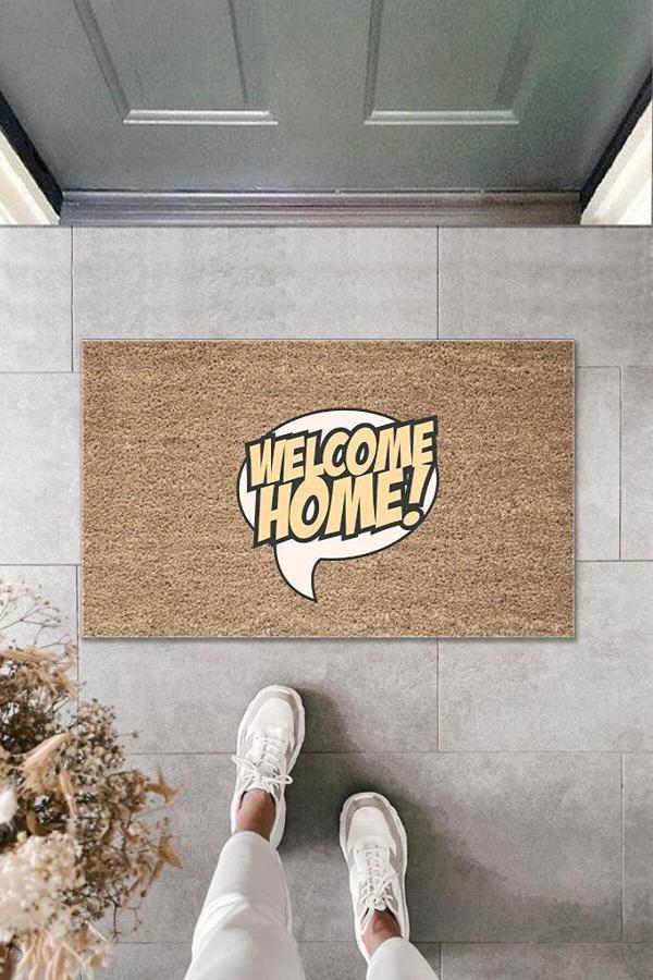Dijital Baskı Kahverengi Konuşma Balonu İçinde Welcome Home Dekoratif Kapı Paspası K-2005 - Image 1