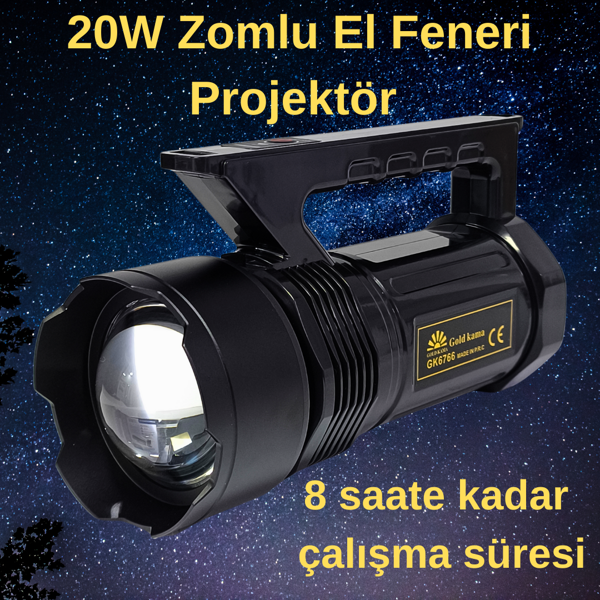 Gold Kama GK6766 20W LED Uzun Mesafe Şarj Edilebilir Projektör El Feneri - Image 1