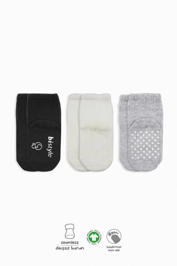 Nessiworld Bistyle Basic Kaymaz Penye Soket Çorap 3'Lü BS10106 Siyah Ekru Gri - Image 1
