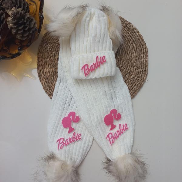 MARS BABY Kız Bebek Çocuk Barbie Figürlü Krem Çift Ponponlu Atkı Bere Takımı - Image 1