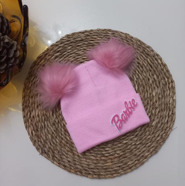 MARS BABY Kız Bebek Çocuk Barbie Figürlü Pembe Çift Ponponlu Bere - Image 1
