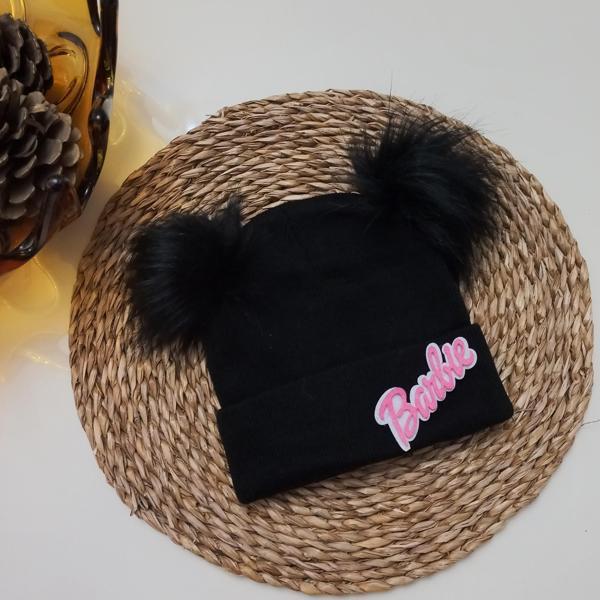 MARS BABY Kız Bebek Çocuk Barbie Figürlü Siyah Çift Ponponlu Bere - Image 1