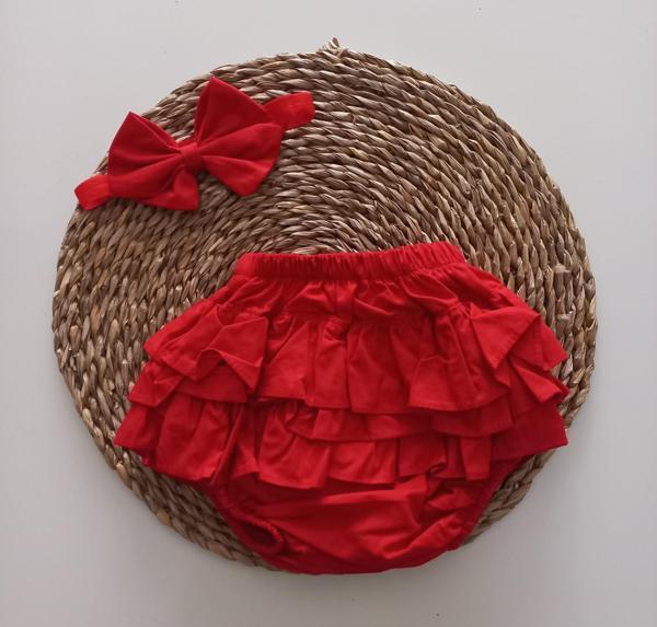 MARS BABY Kız Bebek Kırmızı Fırfır Şort Etek ve Bandana Takımı - Image 1