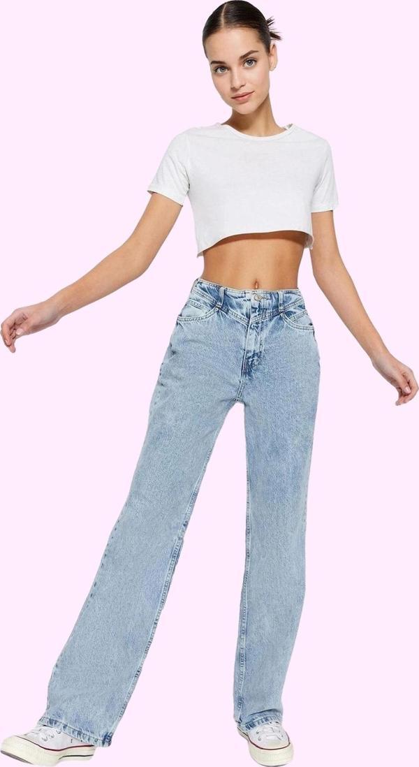 Kadın Yüksek Bel Geniş Paça Denim Jean Pamuk Günlük Kombinler Hafta Sonu Dayanıklı Malzeme - Image 1