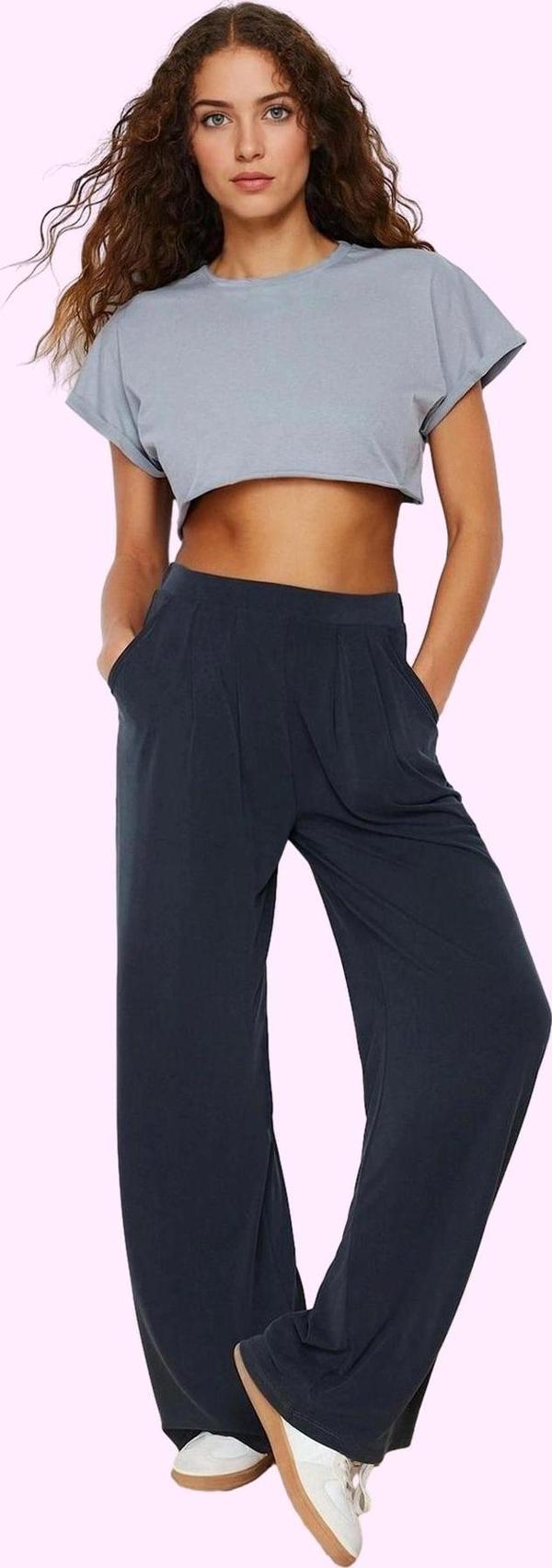 Kadın Geniş Paça Örme Pantolon Yüksek Bel Düz Desen Rahat Günlük Yaz Aylarının Vazgeçilmezi - Image 1