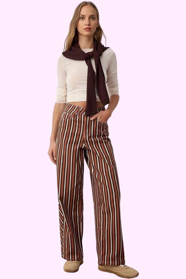 Kadın Çizgili Desenli Normal Bel Geniş Paça Baggy Jean Pantolon Pamuk Günlük Modern Tasarım - Image 1
