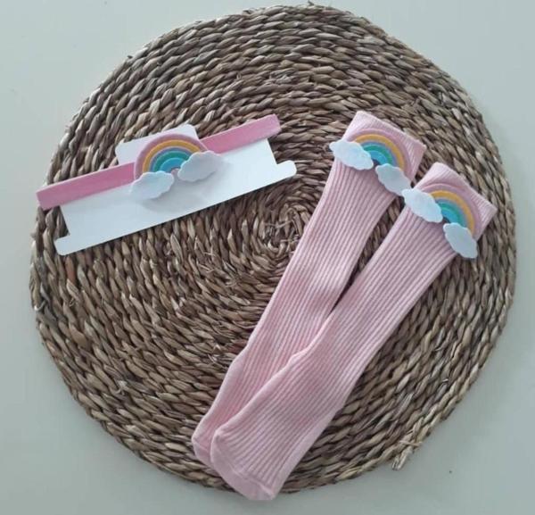 MARS BABY Kız Bebek Pembe Gökkuşağı Figürlü Bandana ve Çorap Set - Image 1
