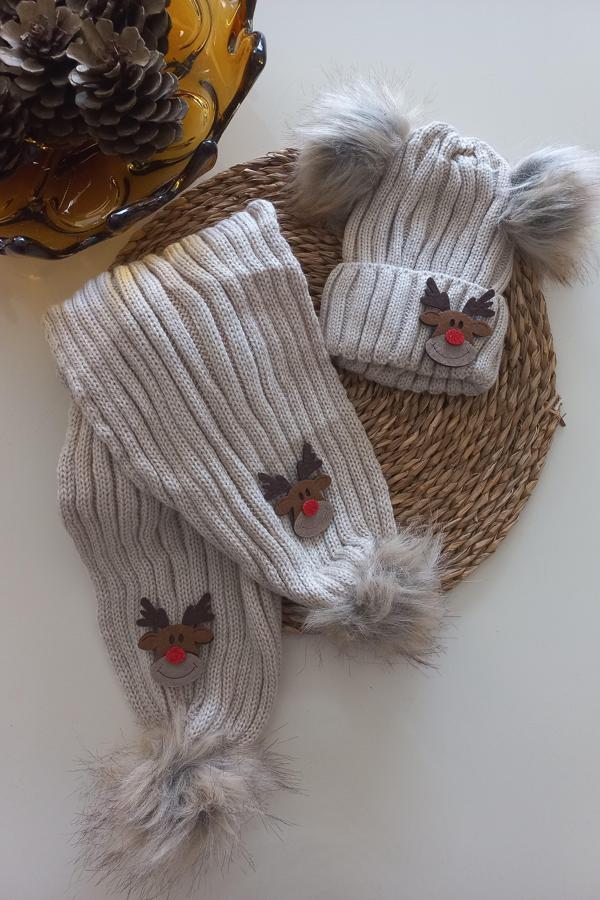 MARS BABY Kız Erkek Unisex Bebek Çocuk Bej Geyik Figürlü Ponponlu Atkı Bere Takımı - Image 1