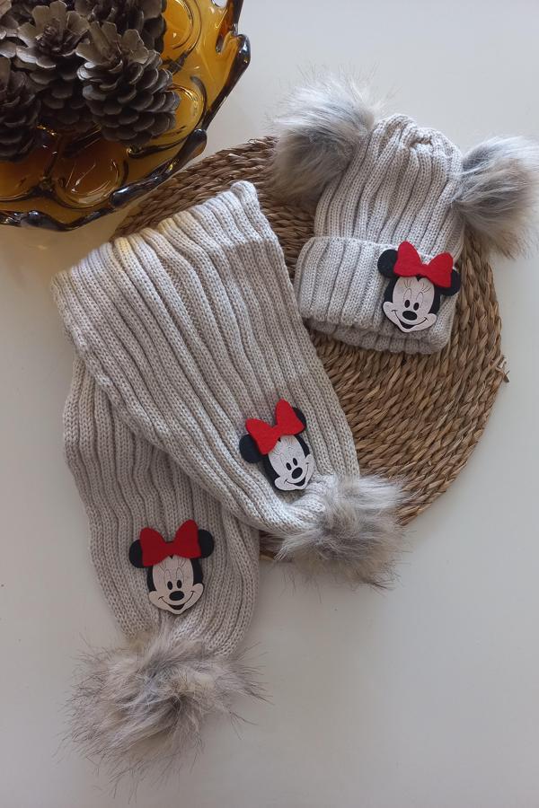 MARS BABY Kız Erkek Unisex Bebek Çocuk Bej Kırmızı Mickey Minnie Ponponlu Atkı Bere Takımı - Image 1