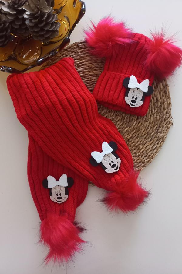 MARS BABY Kız Erkek Unisex Bebek Çocuk Beyaz Mickey Minnie Kırmızı Ponponlu Atkı Bere Takımı - Image 1