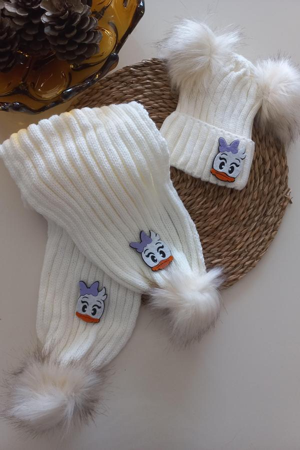 MARS BABY Kız Erkek Unisex Bebek Çocuk Ekru Krem Daisy Ördek Figürlü Ponponlu Atkı Bere Takımı - Image 1