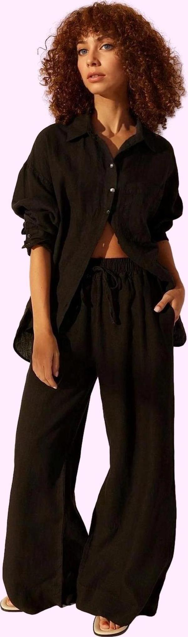 Kadın Yüksek Bel Geniş Paça Keten Pantolon Günlük Kullanım Hafta Sonu Yaz Aylarının Vazgeçilmezi - Image 1