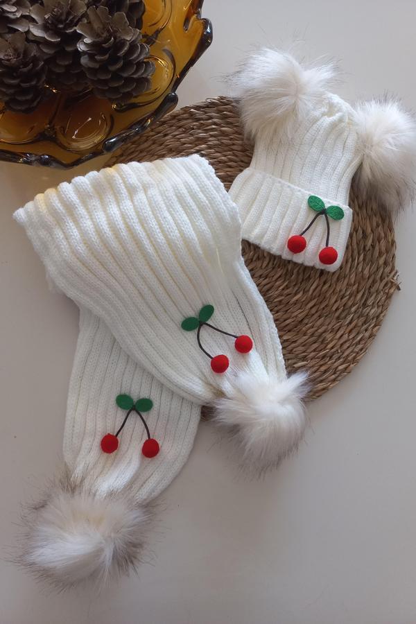 MARS BABY Kız Erkek Unisex Bebek Çocuk Ekru Krem Ponpon Kiraz Figürlü Ponponlu Atkı Bere Takımmı - Image 1