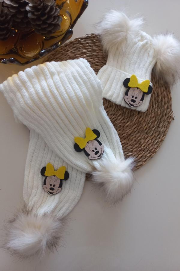 MARS BABY Kız Erkek Unisex Bebek Çocuk Ekru Krem Sarı Mickey Minnie Mouse Figürlü Ponponlu Atkı Bere - Image 1